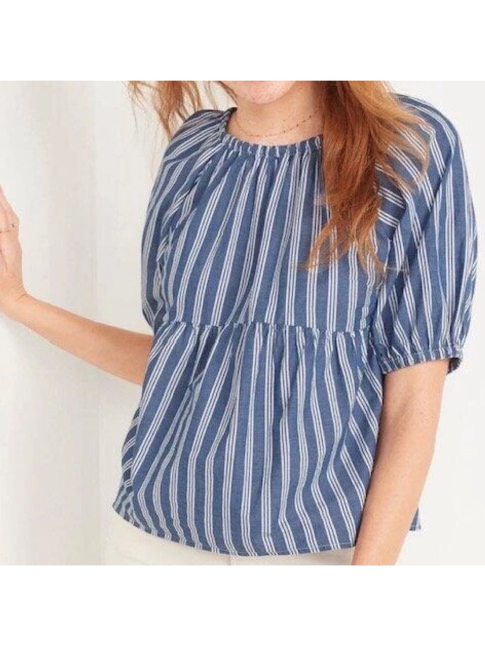 Old Navy Puff Sleeve Babydoll Swing Top Women's XL Navy White Striped Peasant